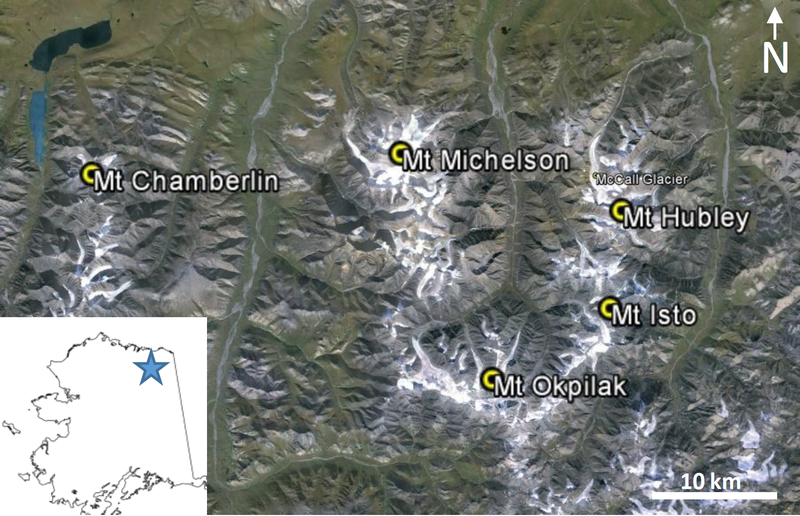 A map of the five tallest peaks in the Alaskan arctic, measured by fodar (Image: Nolan & DesLauriers, The Cryosphere, 2016)